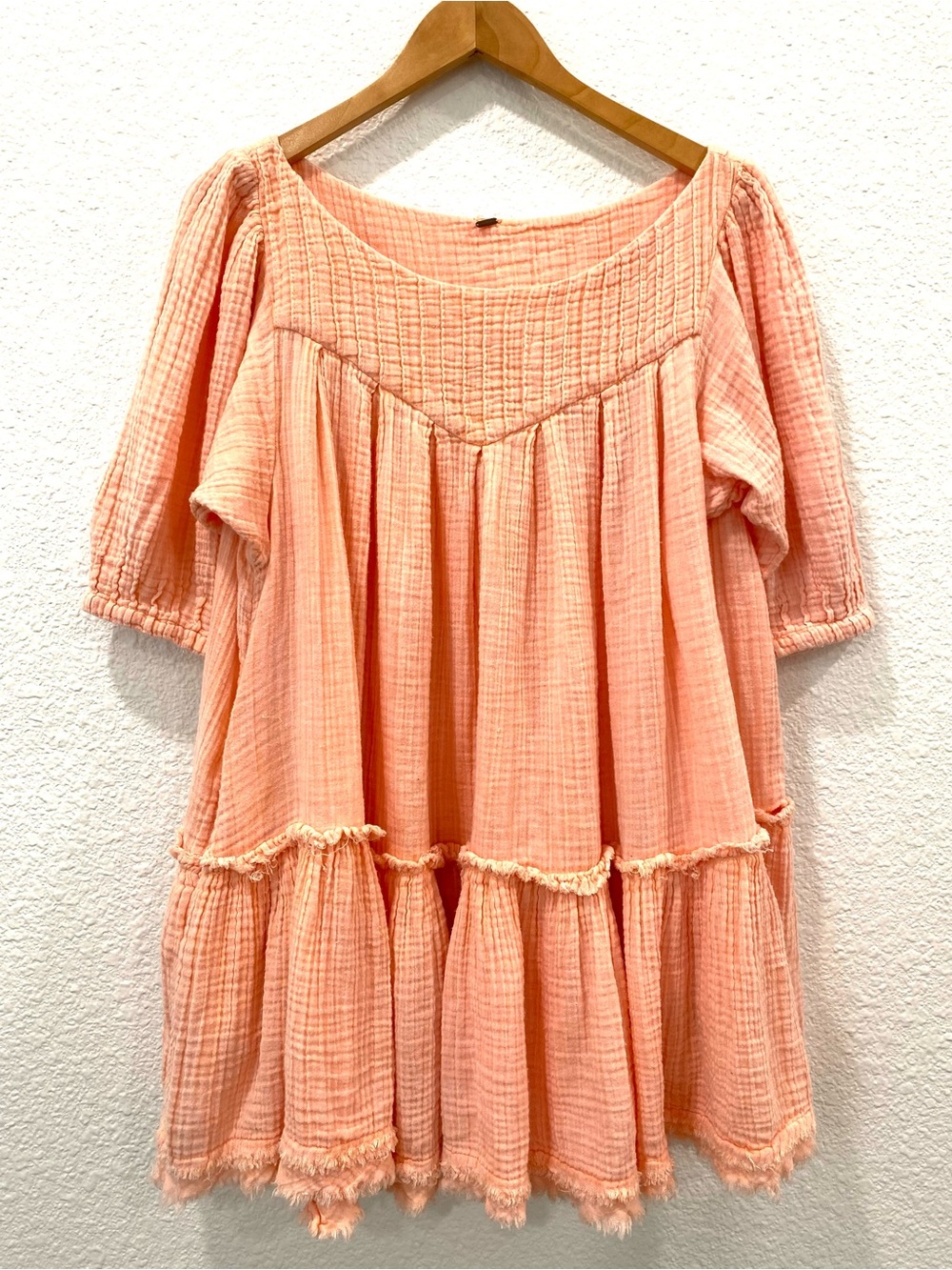 Free People S Peach Cotton Gauze Babydoll Mini Dress Puff Sleeve Boho